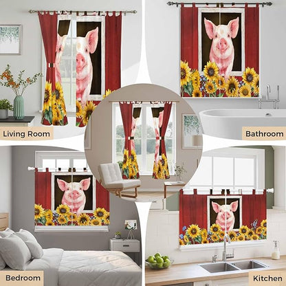 Pigs Sunflowers Kitchen Curtains 36 Inch Length, Small Window Curtains Tab Top, Farmhouse Red Barn Flowers Animals Light Filtering Short Window Treatments Tier Drapes 27.5"x36" 2 Panel