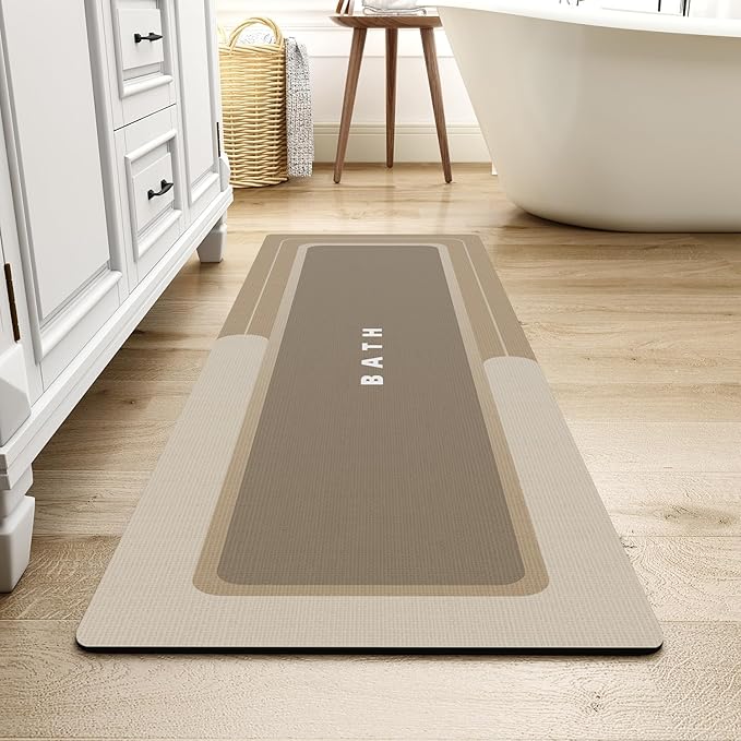 MontVoo-Bath Mat Rug Long Non Slip Super Absorbent Bathroom Runner Stain Resistant Quick Dry Thin Bathroom Mat Fit Under Door-17"x50",Beige