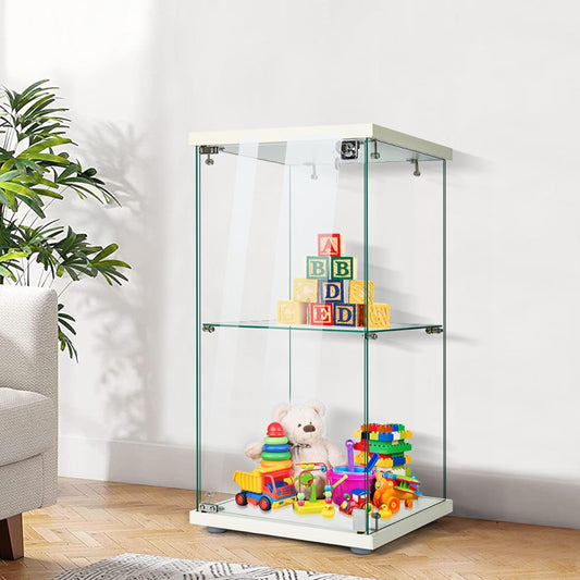 VIVOHOME 2 Layers 15.7''W x 15.7''D x 31.9''H Glass Display Cabinet Showcase Countertop with Lock, Tempered Glass 25mm MDF Base