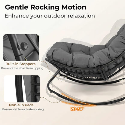 Tangkula Outdoor Papasan Rocking Chair, Oversized Egg-Shaped Rocker with Thick Cushioned Seat, Heavy Duty Metal & Weather-Resistant Wicker Frame, Non-Slip Pads for Patio, Balcony, Garden (Gray)