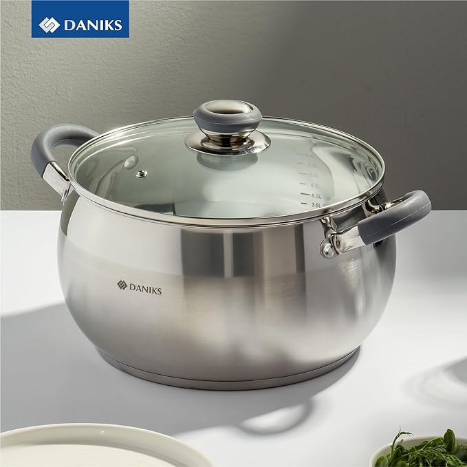 Daniks Modern Stainless Steel Stock Pot with Glass Lid – Induction 7 Quart, Dishwasher Safe, Heatproof Handles, For Soup, Pasta, Stew, Silver