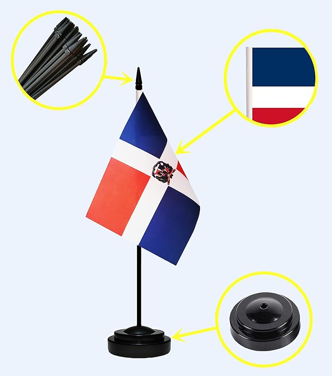 Dominica Dominican Deluxe Desk Flag Set Small Mini Miniature Dominica Dominican Table Desktop Flags With Solid Pole, Black Base and Spear Top(2 Pack)