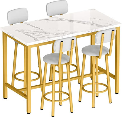 Lamerge Dining Table Set for 4 Bar Table and Chairs Set Faux Marble Counter Height Dining Table Set with 4 PU Upholstered Stools Kitchen Pub Table for Kitchen, Restaurant, Space Saving, Gold and White