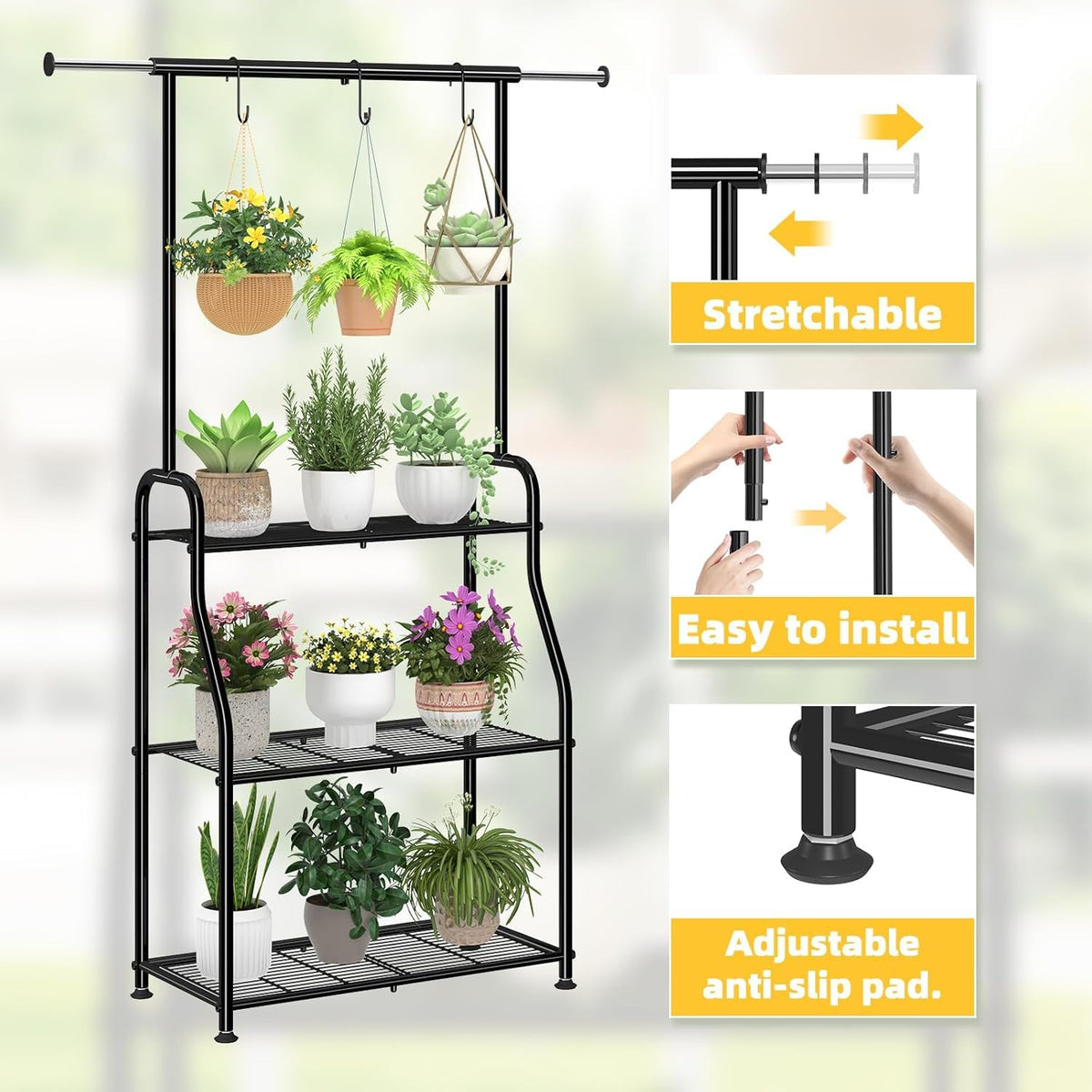 Simple Trending Plant Stand Indoor Outdoor, Heavy Duty Metal 3 Tiered Hanging Plant Shelf for Multiple Flower Planter Holder Tall Large Rack for Living Room Garden Balcony, Black