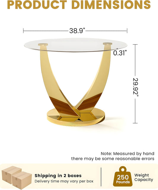 38.9" Round Glass Dining Table for 2-4, Modern Glass Dining Room Table with Tempered Glass Top & Stainless Steel Legs, Round Kitchen Table for Small Space, Apartment(Gold)