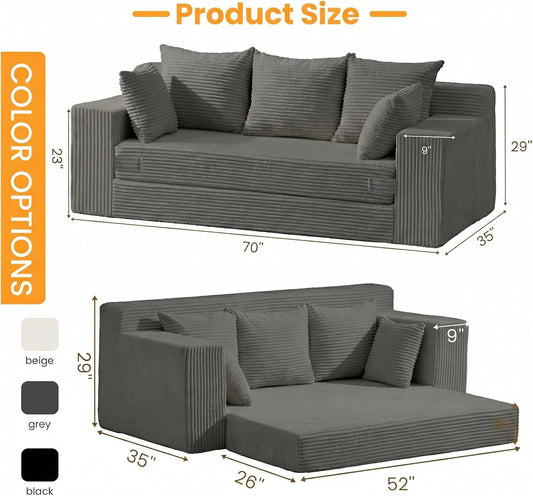 Oversized Loveseat, 3 Seater Pull Out Convertible Sofa Bed, 70" Gray Couch Fold Out Floor Couch Sleeper Sofa with 5 Pillows for Living Room Bedroom Lounge Small Space