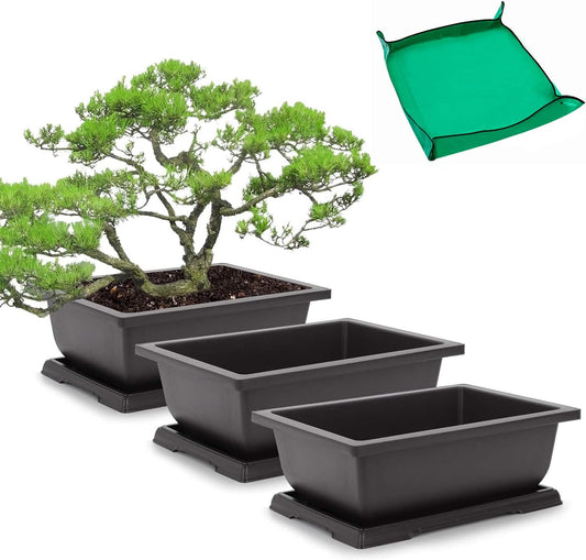 GROWNEER Bonsai Training Pots 3 Packs 9Inch with Drainage Humidity Trays, Bonsai Tree Starter Kits with 1 Repotting Mat, Growing Planter Set for Garden, Yard, Balcony, Office, Living Room