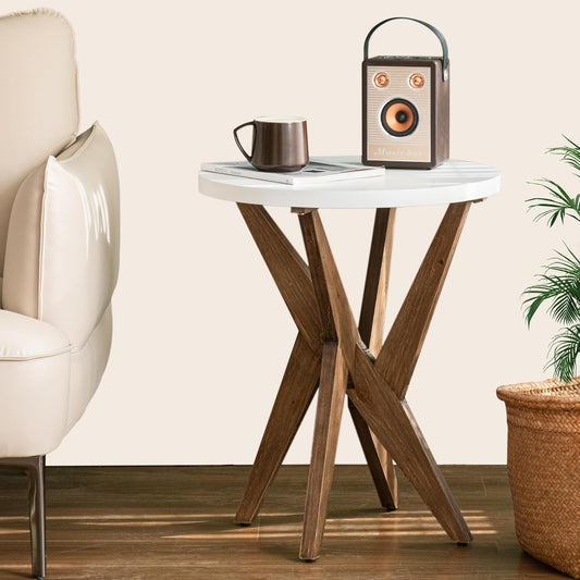 Ahokua Modern Round End Table with Smooth White Top and Crossed Walnut Legs, Minimalist Accent Table for Living Room, Balcony, or Small Spaces, Easy Assembly Bedside Table, White Walnut
