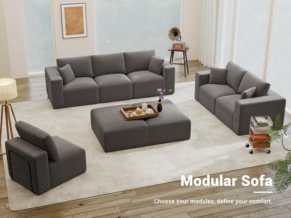 Modular Sleeper Sofa Couch Modern Sectional Couches for Living Room - 79" L-Shaped Cloud Couch - Easy Assembly Corduroy Convertible Sponge Compression Sofas with Chaise for Home House(Grey)