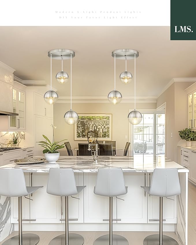 LMS Modern Brushed Nickel 3-Light Cluster Pendant Lights, Mid Century Pendant Lighting with Clear Globe Glass Shade, Adjustable Hanging Cord Ceiling Light for Bathroom Dining Room, LMS-186BNC3