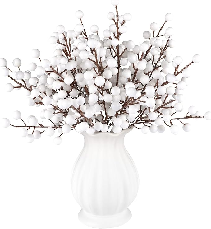 40 Pcs Artificial Berry Stems Branches, Christmas White Faux Holly Berries Picks Ornaments for Christmas Tree Wreath DIY Craft Decorations Holiday Home Decor (40, White)