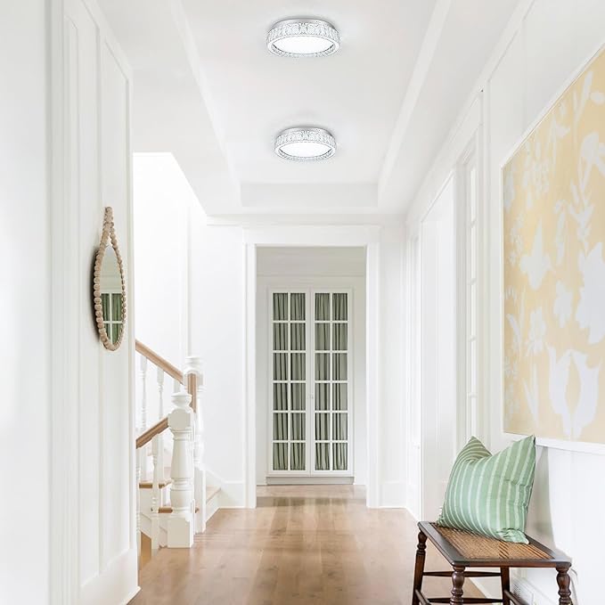 LamQee Crystal Flush Mount Ceiling Light Fixture, Dimmable LED Modern Close to Ceiling Light, Hallway Light Fixtures Round Ceiling Chandelier for Bedroom Kitchen Bathroom Closet Foyer, Small, 9.8 inch
