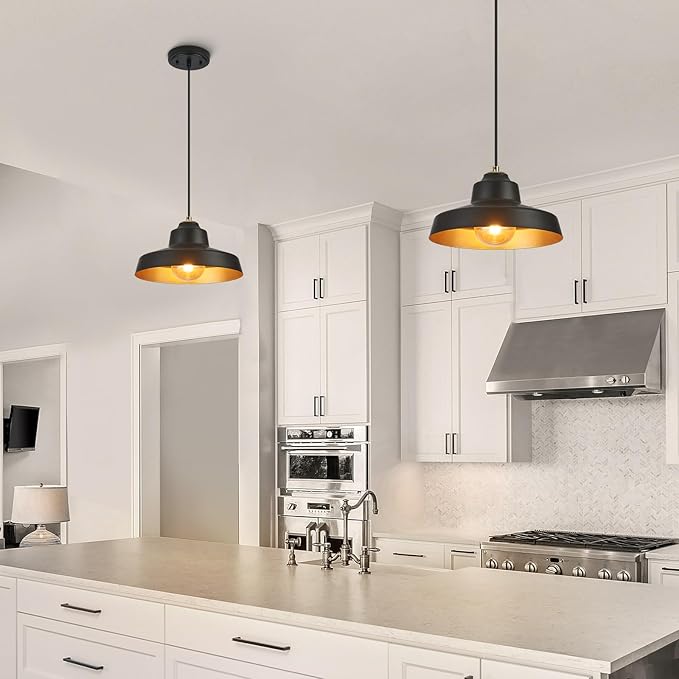 12 Inch Black Pendant Light Fixture,Farmhouse Hanging Lamp Adjustable Height Dome Pendant Lights for Kitchen Island Dining Room,2 Pack