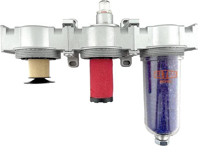 1/4" NPT MID FLOW 3 Stages Filter Coalescing Desiccant Dryer System For Compressed Air Lines, Poly Bowls, Great For Paint Spray And Plasma Cutter (MANUAL DRAIN)