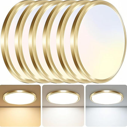 zemty 6Pack LED Ceiling Light Fixture, 6.5-Inch 12W 1200lm Small Flush Mount Light, Adjustable 3000K 4000K 6500K Color Temperatures, Round Flat Recessed Lamp for Kitchen Closet Hallway Laundry, Gold