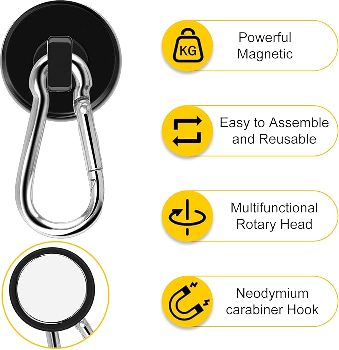 DIYMAG Magnetic Hooks, 70LBS Heavy Duty Neodymium Magnetic Hooks with Swivel Carabiner Hook,Great for Your Refrigerator and Other Magnetic Surfaces, Pack of 6