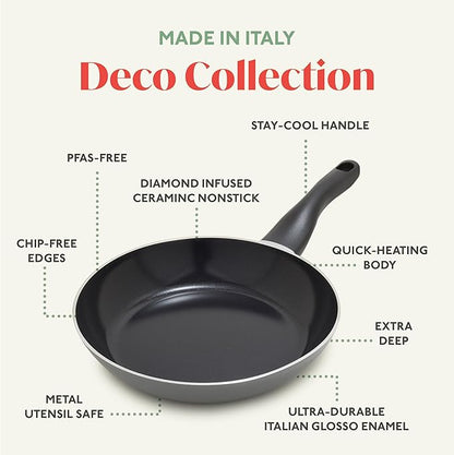 Deco 9.5” Nonstick Frying Pan Skillet, Made in Italy, Diamond Ceramic PFAS-Free, Dishwasher & Metal Utensil Safe, Durable Gloss Enamel Finish, Stay-Cool Handle, High Walls-Extra Room, Gray