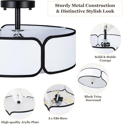 16" Semi Flush Mount Ceiling Light - 3 Lights Drum Light Fixture with Black Border White Fabric Shade, Farmhouse Close to Ceiling Light for Bedroom Living Dining Room Foyer and Hallway