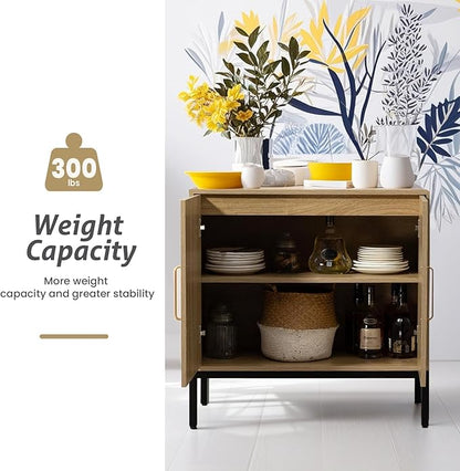 Buffet Cabinet with Storage, Storage Cabinet with Rattan Decor Doors, Accent Sideboard Bufft with Solid Wooden Feet, for Living Room, Hallway, Kitchen, Buffet Table