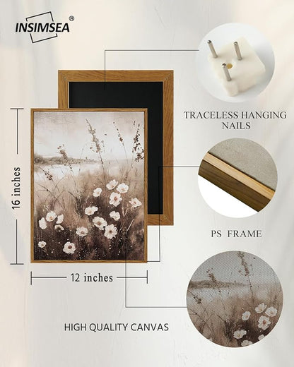 InSimSea Framed Wall Art for Living Room Landscape Canvas Wall Decor Meadow with Flowers Vintage Paintings Classical Wildflower Field Scene Boho Floral Pictures Decor for Bathroom Bedroom 12x16in