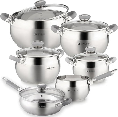 Daniks Modern Frying Pan With Lid Included, 11-Piece Stainless Steel Induction-Compatible Cookware Set, Dishwasher Safe, Heatproof Handles, Glass Lids, Silver