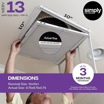 Simply 10x10x1 Air Filter, Merv 13, 4 Pack, For Home AC Furnace & HVAC (Actual Size: 9.75"x9.75"x0.75") DUST, Pet, & Allergy Control