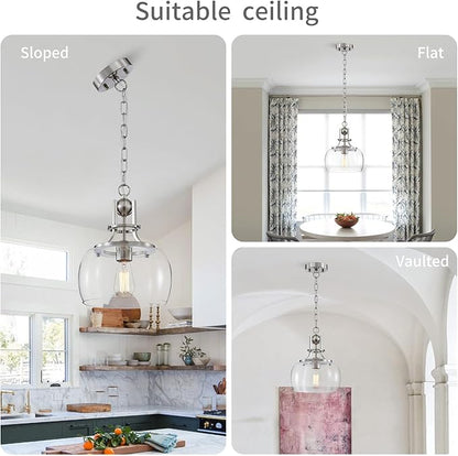 WUZUPS Chandelier Rustic Farmhouse Industrial Round Ceiling Pendant LED Light Fixture with Clear Glass Shades for Dining Room Kitchen Island Foyer Entryway, H 13" x W 10", E26 Base, Brushed Nickel