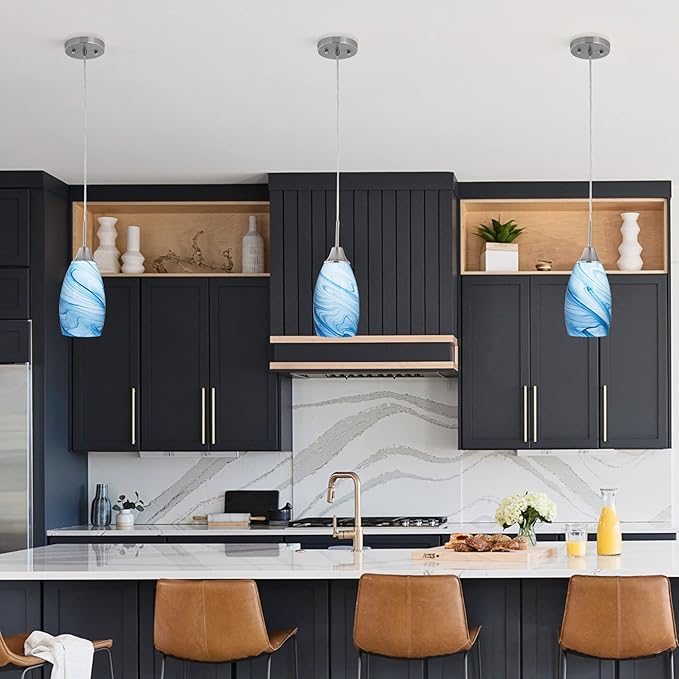 Mini Glass Pendant Light 1-Pack with Handblown Blue Marble Art Oval Glass Lamp Ceiling Hanging Light 4.72" Glass Chandelier for Dining Room Kitchen Foyer Hallway
