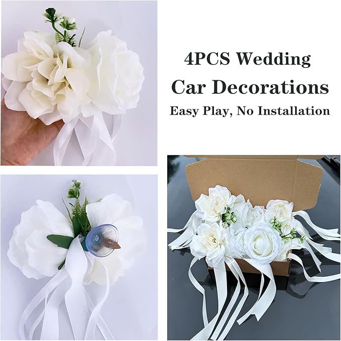 White Rose & Peony Wedding Car Door Handle Decor – 12 cm Artificial Flowers with Faux Greenery, Satin Ribbon Bow & Suction Cup – Versatile Bridal Vehicle & Mirror Ornament (Set of 4)