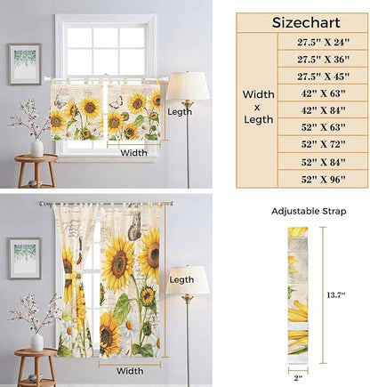Yellow Sunflowers Bedroom Curtains 63 Inch Length, Window Curtains Tab Top, Country Farm Butterfly Flower Light Beige Light Filtering Window Treatments Drapes 42"x63" 2 Panel