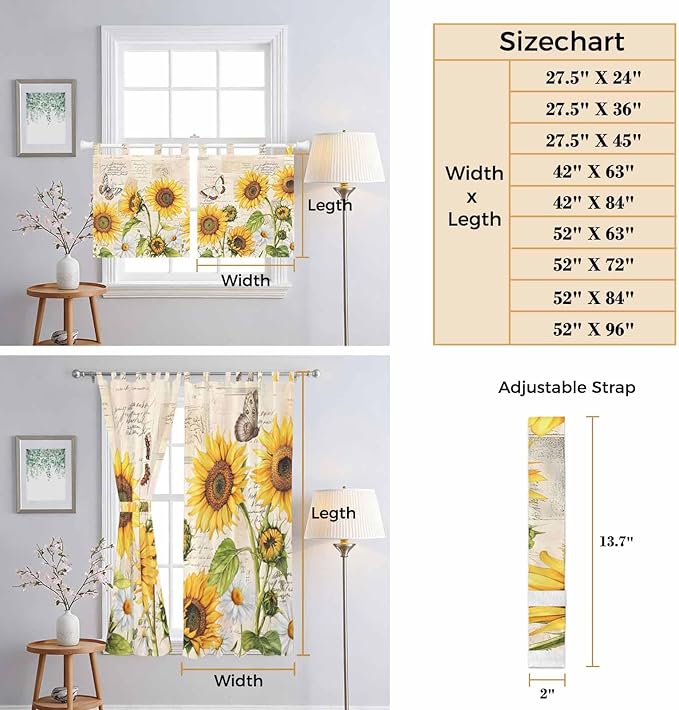 Yellow Sunflowers Living Room Curtains 96 Inch Length, Window Curtains Tab Top, Country Farm Butterfly Flower Light Beige Light Filtering Window Treatments Drapes 52"x96" 2 Panel
