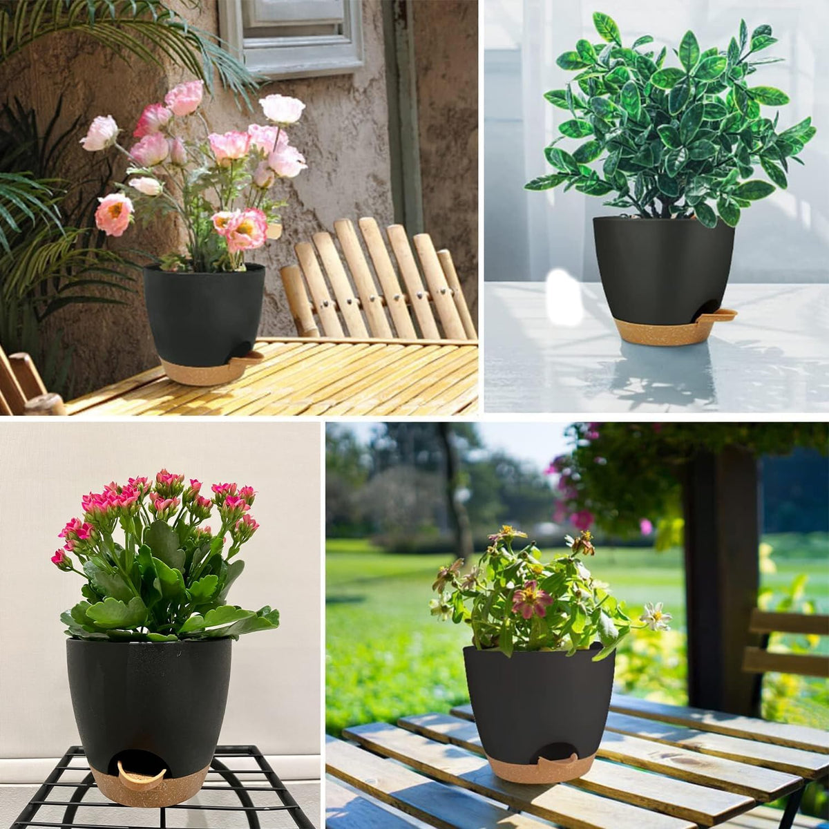 Self Watering Planters with Drainage Holes Reservoir,Nursery Planting Pot for Indoor Decor Garden Plants Succulents,Snake Plant, African Violet,Plastic Flower Pots Set 7+6.5+6+5.5+5 Inch (Black)