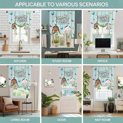 Tie Up Curtains,Happy Easter Bunny Butt Egg Floral Adjustable Rod Pocket Window Shade Curtain Drape Spring Plant on Aqua Wood Tie-Up Valance for Kitchen Bedroom Living Room Windows,42"x54"