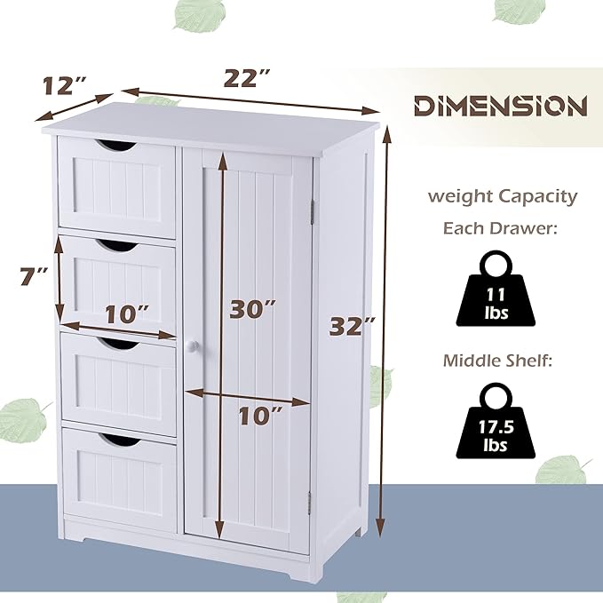 GLACER Bathroom Floor Cabinet, Multifunctional Storage Cabinet with 4 Drawers and 1 Door, Wooden Side Storage Organizer for Bathroom, Living Room or Kitchen, 22 x 12 x 32 inches (White)