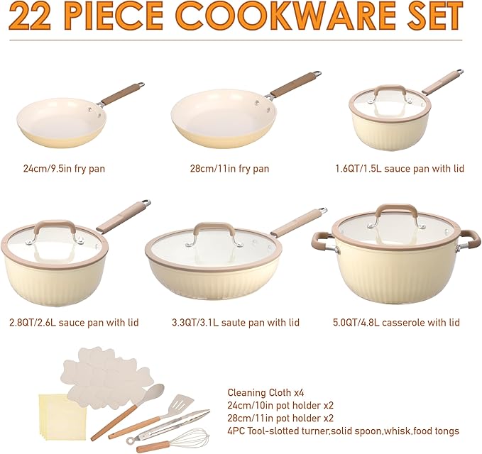 22Pcs Pots and Pans Set Non Stick, Ceramic Nonstick Cookware Set, Kitchen Induction Pots and Pans Cooking Set with Stay Cool Handles, without PFOA, PTFE or PFAS, Cream Yellow