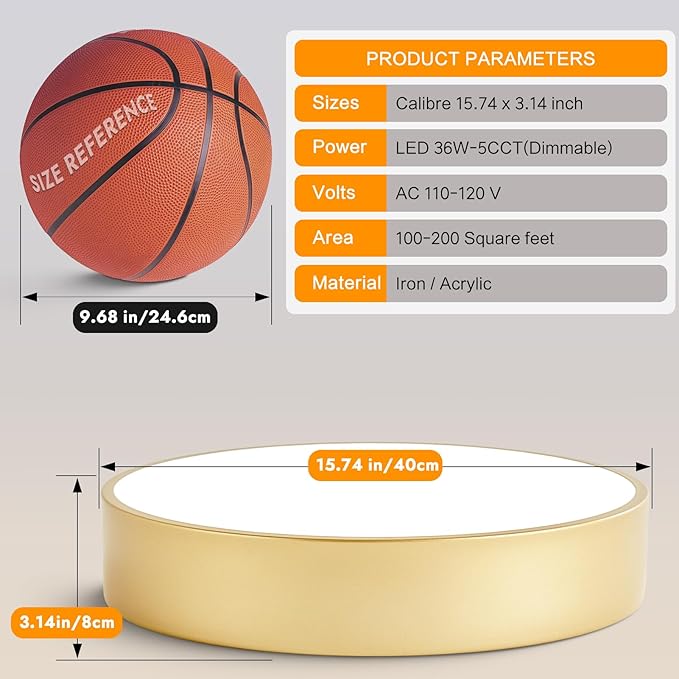 Dimmable Modern Large Flush Mount Close to Ceiling Light Fixture,Round Painted Gold LED Ceiling Mounted Lights Fixtures,5CCT 2700K-6000K Lighting for Kitchen Master Bedroom Living Room,15.7in