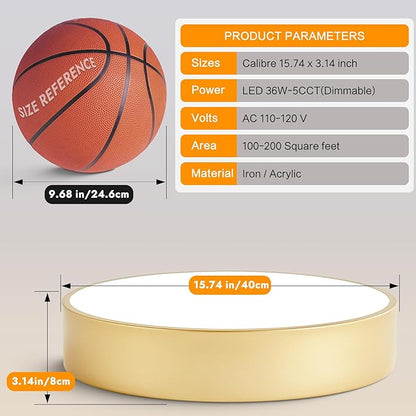 Dimmable Modern Large Flush Mount Close to Ceiling Light Fixture,Round Painted Gold LED Ceiling Mounted Lights Fixtures,5CCT 2700K-6000K Lighting for Kitchen Master Bedroom Living Room,15.7in