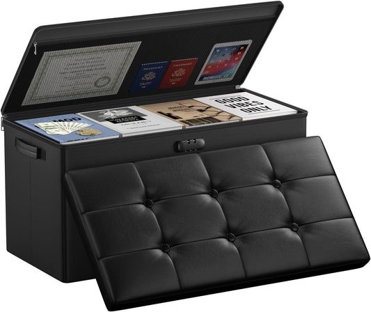 DocSafe Storage Ottoman Bench with Lock,Fireproof 30 Inches Folding Bench Foot Rest Stool Storage Chest Safe for Living Room,Bedroom,Home Office,Waterproof Leather Ottoman with Handles,Black