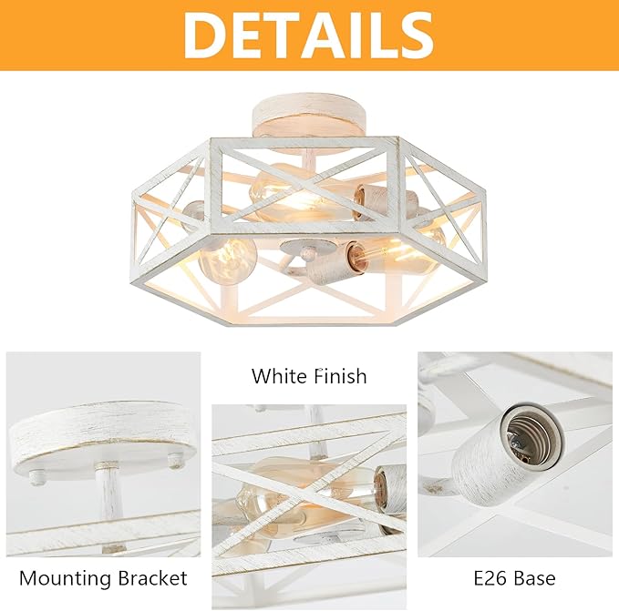 3-Light Flush Mount Ceiling Light Fixture, Modern Close to Ceiling Light with White Metal Hexagon Cage, Farmhouse Ceiling Light for Bedroom, Hallway, Entry, Foyer, Kitchen