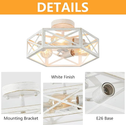 3-Light Flush Mount Ceiling Light Fixture, Modern Close to Ceiling Light with White Metal Hexagon Cage, Farmhouse Ceiling Light for Bedroom, Hallway, Entry, Foyer, Kitchen