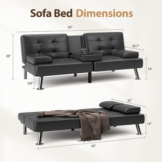 Shahoo Leather Convertible Futon Sofa Bed, Folding Sleeper Loveseat Couch | Upholstered futon with removable armrests, metal legs and 2 cup holders for living room (Black)