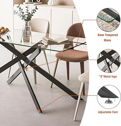60" Rectangular Glass Dining Table Modern Kitchen Glass Top Table for 6 with Black Metal Legs, Clear Dining Table Kitchen Table for Home Office Dining Room