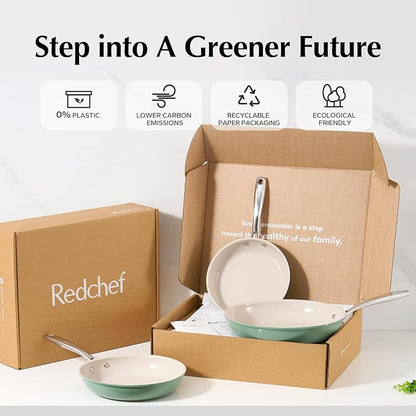 Redchef Ceramic Non Stick Egg Pans, Nonstick Frying Pan Skillet, 8 inch Cooking Pan Non Toxic with Stay Cool Handle for Induction, PTFE & PFAS & PFOA Free, Dishwasher/Oven Safe (Green)