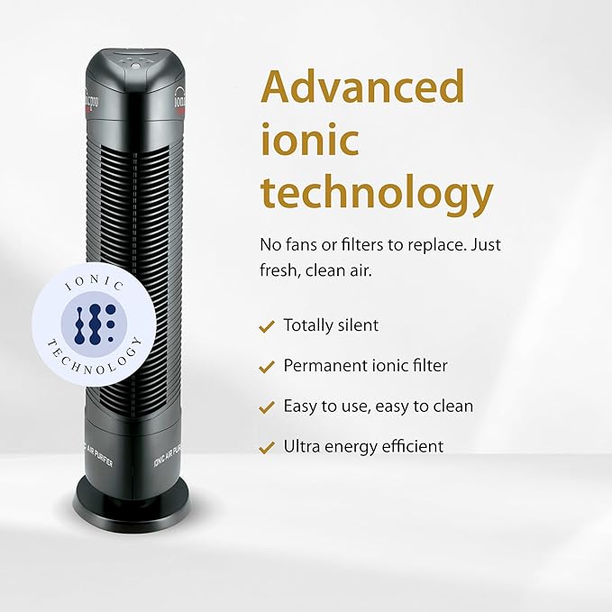 Ionic Pro Turbo (TA550) Ionic Air Purifier Tower for Home, Quiet Ionic Filterless Design, Covers Up to 500 Sq. Ft., Removes Odors, Smoke, Dust, and Allergens – Black