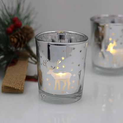 Silver Votive Tealight Candle Holders 12PCS Christmas Candle Holders with Carved Reindeer for Xmas Table Centerpiece Decoration