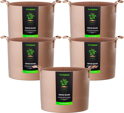 VIVOSUN 5-Pack 30 Gallons Grow Bags Heavy Duty Thickened Nonwoven Fabric Pots with Strap Handles Tan