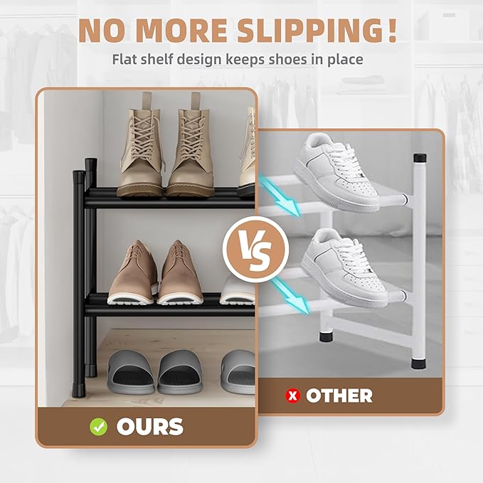 STORAGE MANIAC Long Expandable Shoe Rack, 12 Pairs Metal Wide Stackable Shoe Rack, Adjustable Shoes Shelf, Freestanding Shoes Organizer for Closet, Entryway, Hallway, Garage, Front Door, 2 Tiers