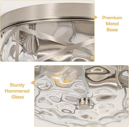 LamQee 9.8" Small Flush Mount Ceiling Light With Clear Hammered Glass, Brushed Nickel Hallway Light Fixtures Ceiling Mount for Bathroom, 2-Lights Farmhouse Close To Ceiling Light Kitchen Foyer Bedroom