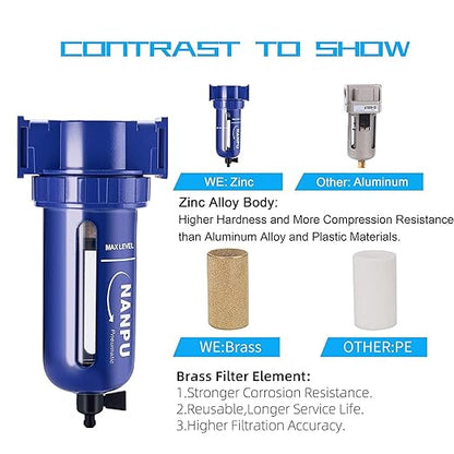 NANPU 1/2" NPT Compressed Air Filter, Zinc Alloy, 5 Micron Brass Element, Quick Release Bowl, Manual Drain, for Air Compressor ＆ Pneumatic Tools