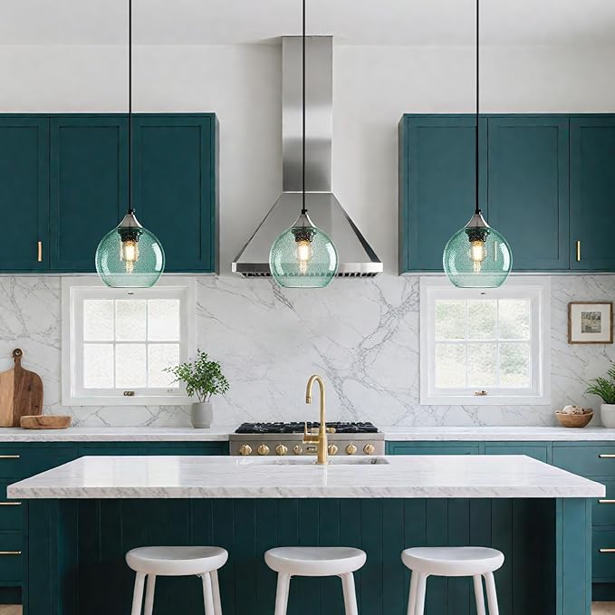 Light Green Glass Pendant Lights Kitchen Island Globe Pendant Light Fixtures Modern Pendant Lighting for Bedroom Living Dining Room Light Fixture (5.9 in, 2 Pack)